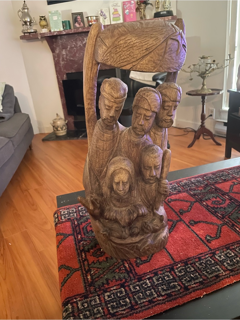 Vintage Hand Carved Teak Wood Nativity Plaque. Holy Family & 3 King Folk Art